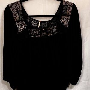 Free People Top High Low Black with Embroidered Neckline 3/4 Sleeves S/P